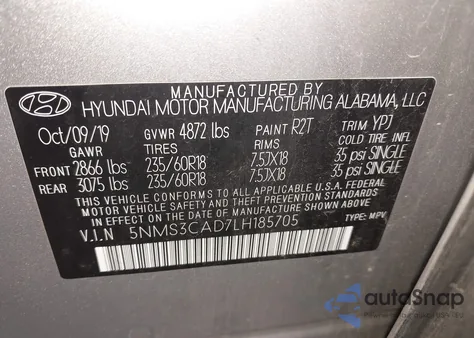 2020 Hyundai Santa Fe Sel из США, поврежденный, VIN 5NMS3CAD7LH185705